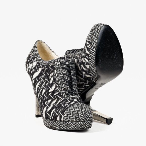Chanel G27462 Wool Tweed Lace Up Silver Heel Booties - Picture 4 of 13